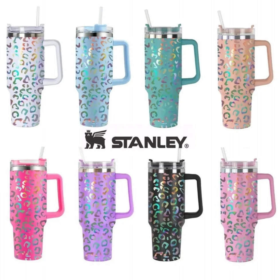 

New 40oz Mugs With Logo Holographic Leopard Tumbler With Handle Lid Straw Big Capacity Beer Car Cups Vacuum Insulated Drinking Water Bottles With Logo, Multi-color