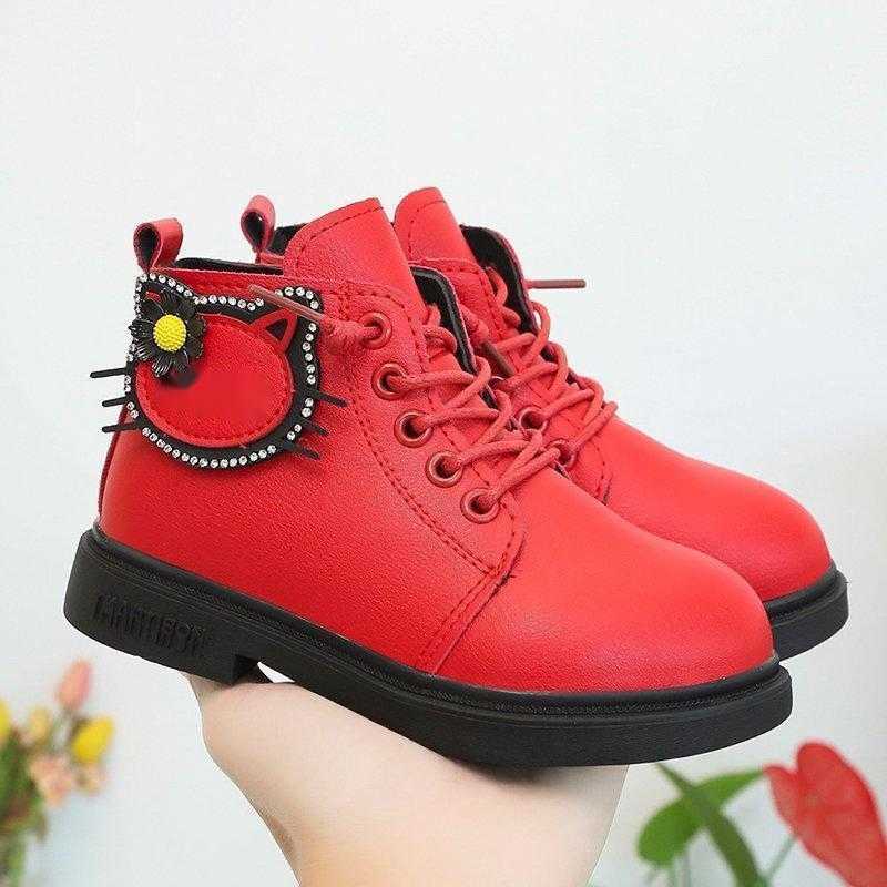 

Kids Boots Red Lace Up Fashion Leather Boot Cute Cat for Little Girls Low Heeled Baby Casual Shoes 2023, Red winter