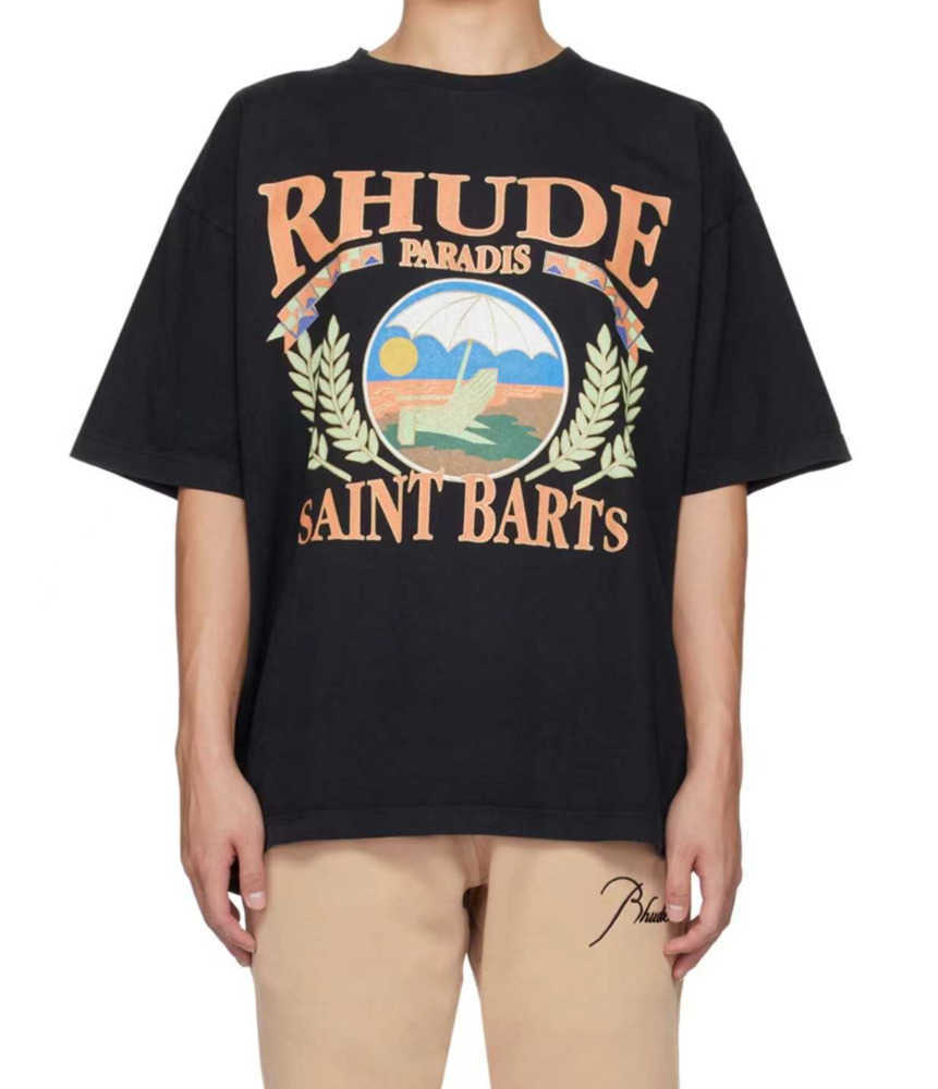 

Designer Fashion Clothing Tees TShirts Rhude23ss Summer Vacation Beach High Street American Loose Fit Men' Women' Nostalgic Small Trend Brand T-shirt, Black