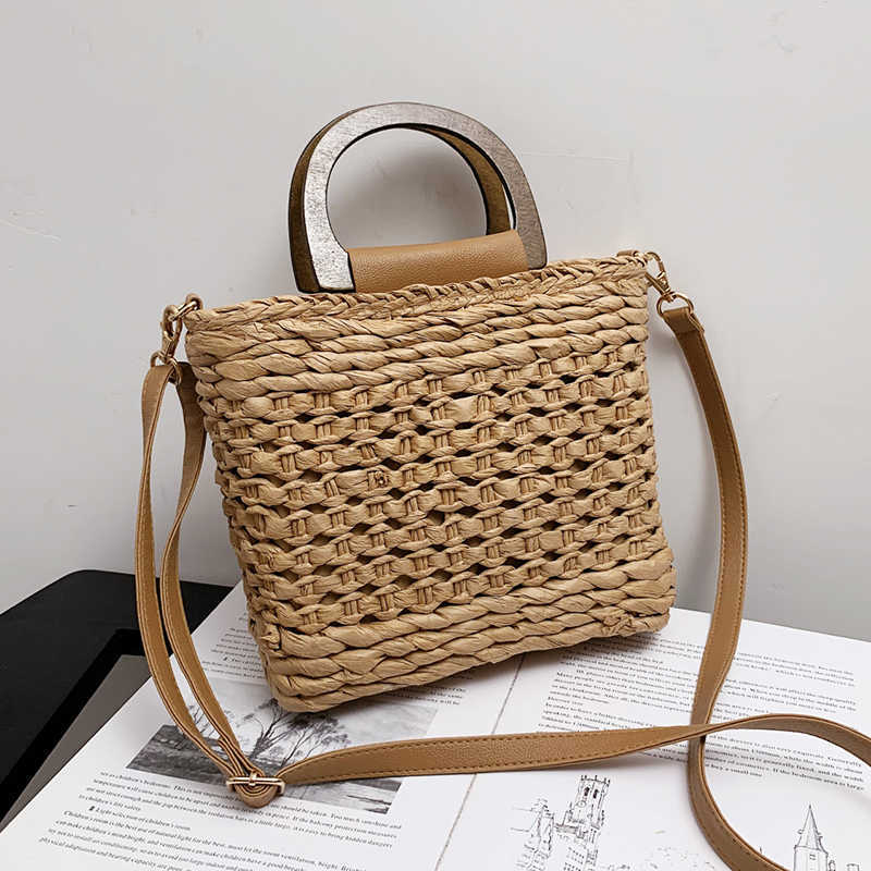 

Summer Top Handle Women s Handwoven Straw Beach Tote Bag Vintage Hollow Out Handbag Rattan Vacation Small Shoulder 230512, Beige