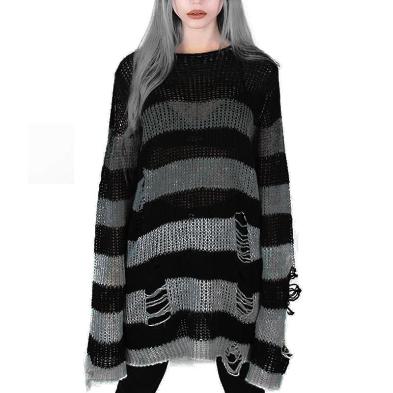 

Women's Sweaters Gothic Knitted Sweater Women Long Pullovers Striped Loose Winter Ripped  Jumpers Mujer Jersey Streetwear Top, Llq211110036bu