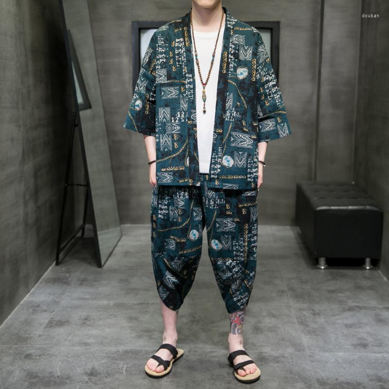 

Ethnic Clothing Men Chinese Style Retro Suit Printed Robes Harem Pants Oriental Set Japanese Harajuku Kimono Blouse Trousers Streetwear