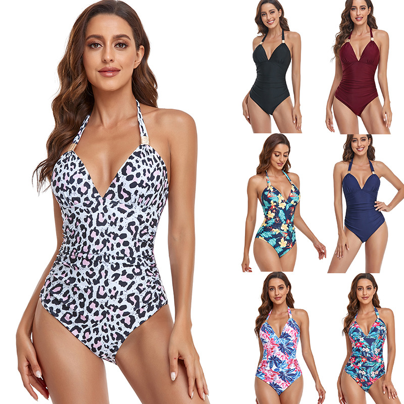 

Sexy Womens One-Piece Swimsuit 2023 Summer New Fashion Girls Swimwear Bodysuit Halter Lace-Up Deep V-Neck Body Slimming Pleated Beachwear Leopard Floral Solid Color, Picture c