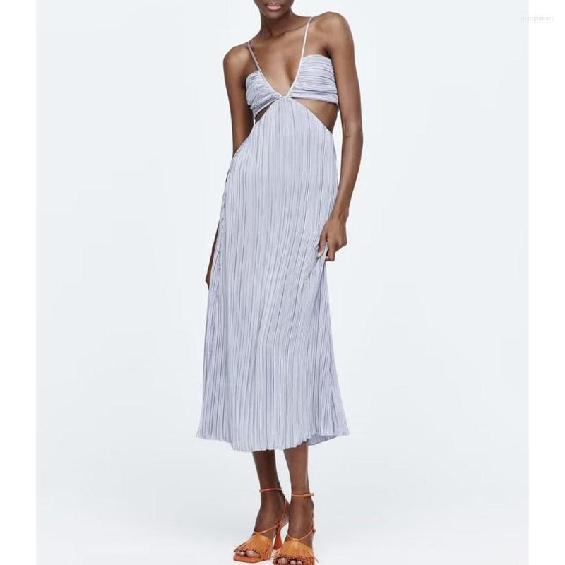 

Casual Dresses 2023 Women's Summer Open Design Small Pleated Dress Bow Ornament Hollow Vertical Suspender Skirt, Silver