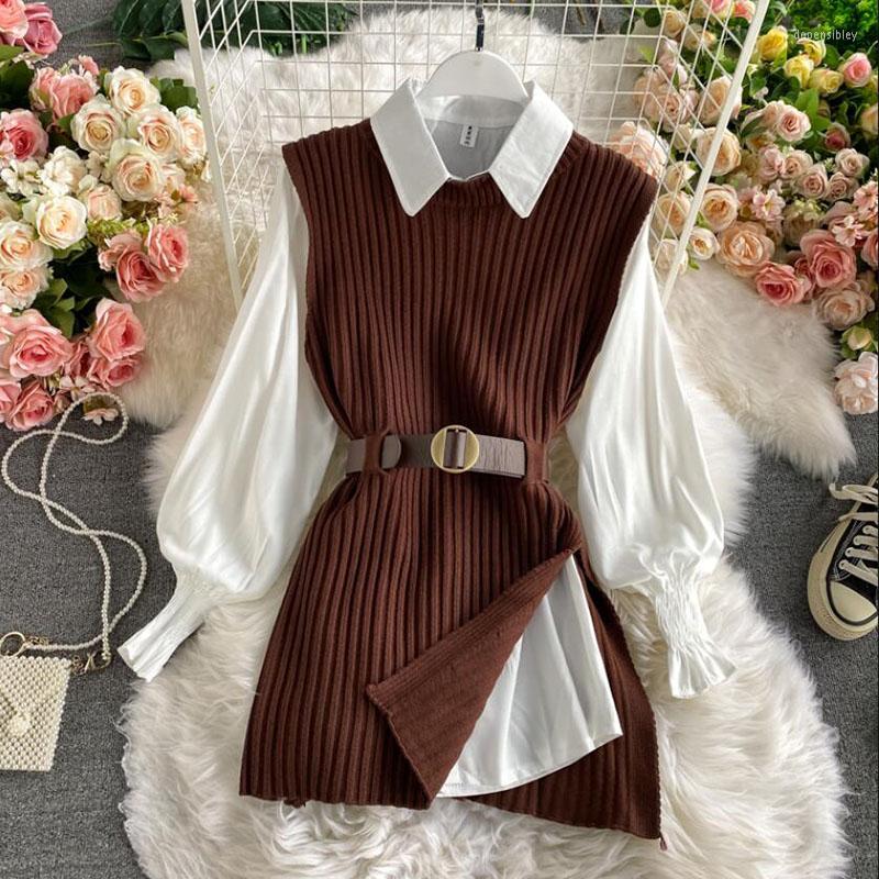 

Women's Sweaters 2023 Korean Spring Autumn Women Knitted Pullovers Vest White Blouse Casual Belt Suit Two Piece Set Conjuntos Mujer, Black