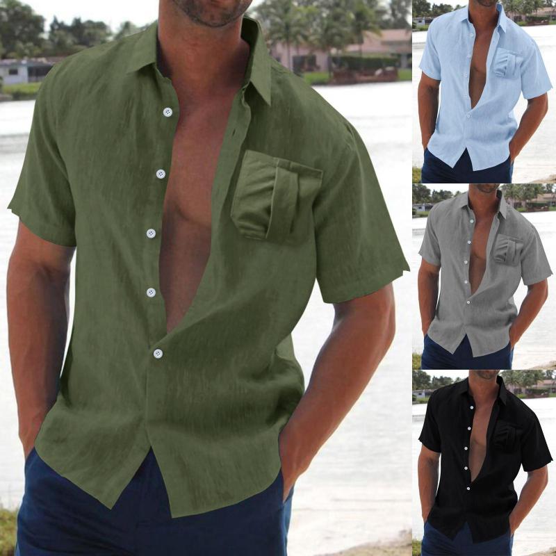 

Men' Casual Shirts Male Solid Shirt Fashion Brand Pocket Short Sleeve Turn Down Collar Button Formal Summer Blusas, Blue