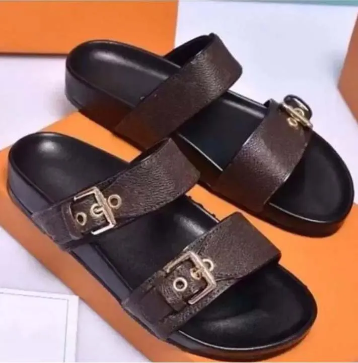 

Luxury brand Slippers slides sandals Summer B22 Flats Sexy real leather platform Shoes Ladies Beach Effortlessly Stylish Slides 2 Straps with Adjusted Gold Buckles, #2