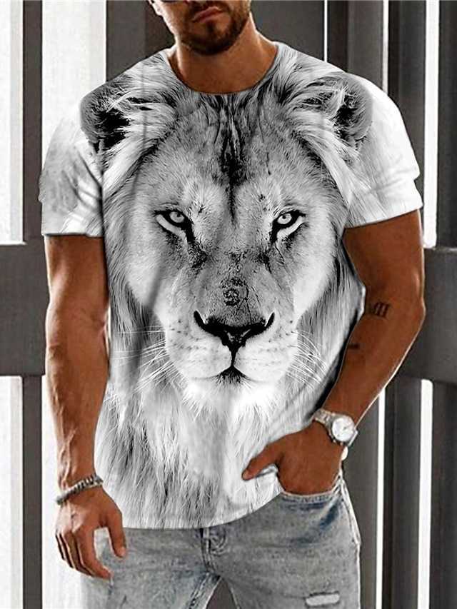 RUKAS T-shirt Universel avec Col Imprimé Graphique Lion Coupe Gris Impression 3D Décontracté Manches Courtes Imprimé Motif Original Grand et Haut