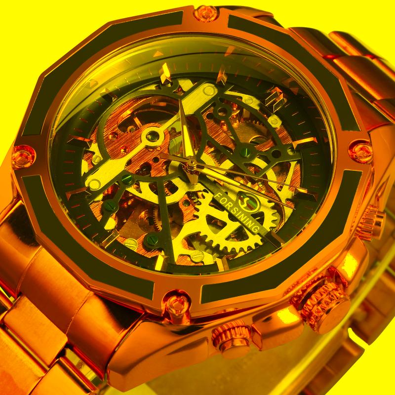 

Wristwatches Forsining Army Sports Men Watches Skeleton Automatic Mechanical Clocks Deluxe Golden Stainless Steel Strap Horloges Mannen, Black-golden