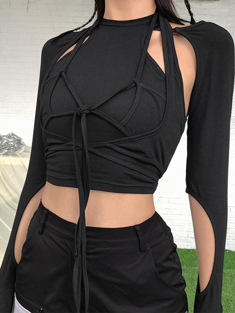 

Women' T Shirts Fashion High Street Casual Cotton TShirt Women Spring Autumn Black Slim Streetwear Bow Bandage Shirt Ladies Top