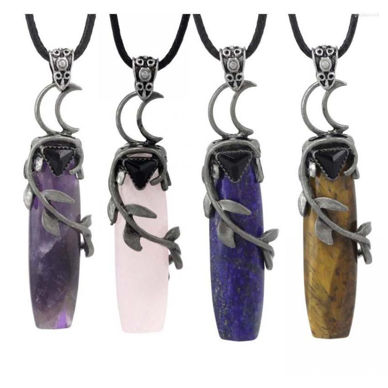 

Pendant Necklaces Retro Stone Point Leaves Moon Charm Natural Amethysts Lapis Pink Crystal Quartz Necklace Long Pendulum Femme