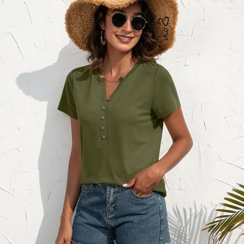 

Women's T Shirts Chifirena Short Sleeve V Neck Tops Woman Solid Button Pullovers Slim Tees Casual Summer Women T-Shirt 2023, Coffee