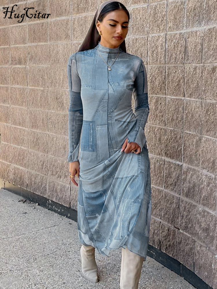 Robes décontractées Hugcitar Mesh o cou long Flare Sleeve Print Slit Vintage Sexy Bodycon MAXI Robe AUTRÉE FEMMES DE STREET CASSORATION