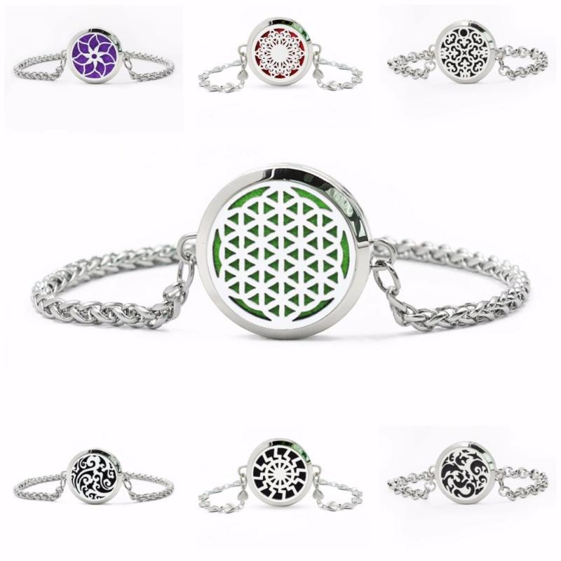 

Link Bracelets Chain "Free 10pcs Pads" Flower Of Life Stainless Steel 30mm Locket Bracelet Diffuser Perfume