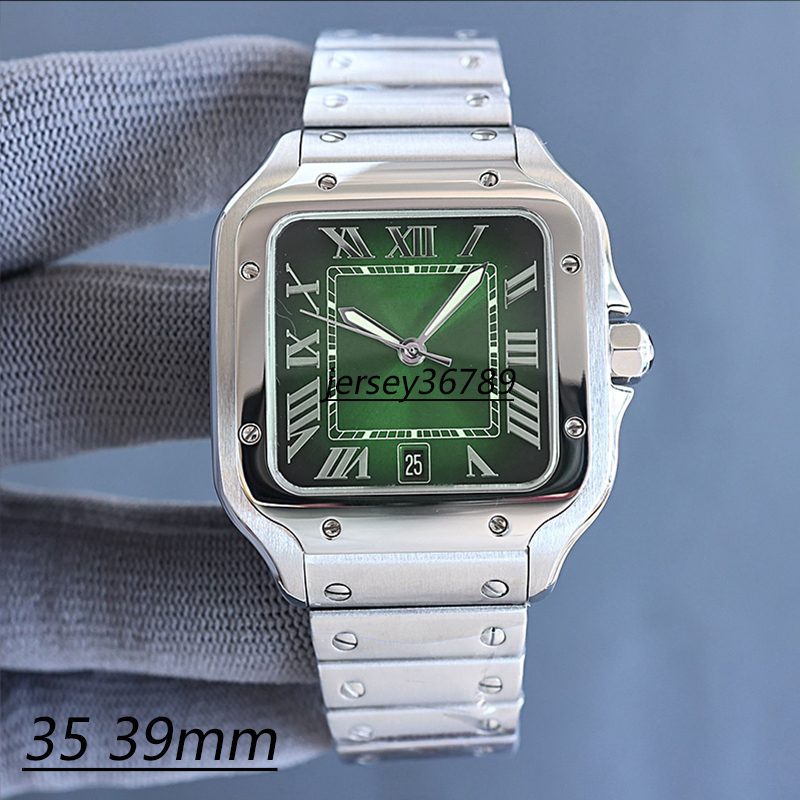 

Square tank Mens Watches 39mm Green rubber and 904L Stainless Steel Mechanical Watches Case Bracelet Fashion Date Watch Male lady 35mm watch Montre De Luxe, Waterproof
