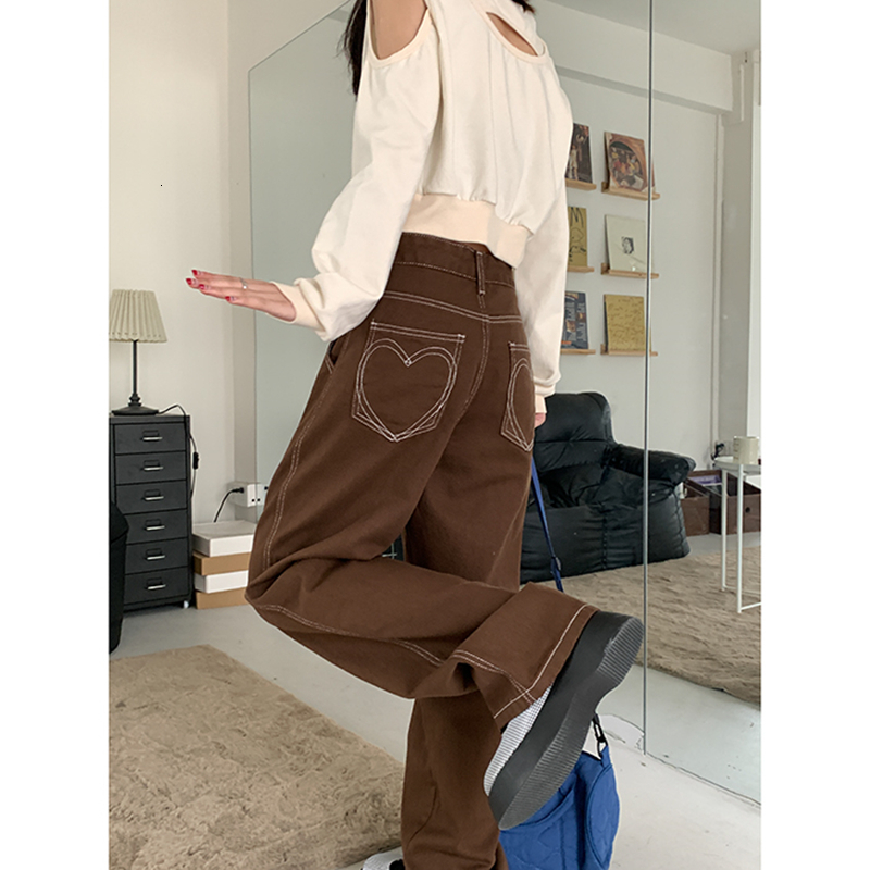 

Womens Jeans Brown High Waist Vintage Straight Baggy Denim Pants Streetwear Heart Pattern Design Fashion Wide Leg Trouser 230512, Auburn