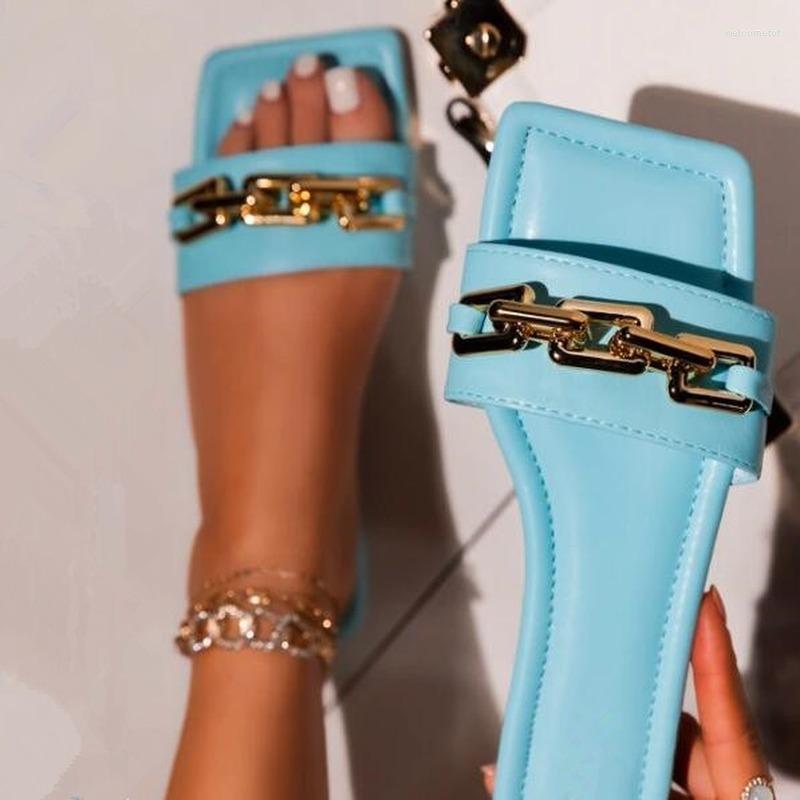 

Slippers 2023 Spring/summer Metal Chain Women's Slipper Leather Fashion Outdoor Leisure Non-slip Sandals Pantuflas De Mujer Chanclas, Black