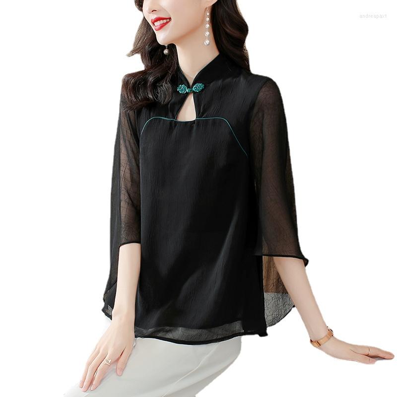 

Women's Blouses Chiffon Shirt Three-quarter Sleeve Loose Black Shirts Summer Chinese Tops