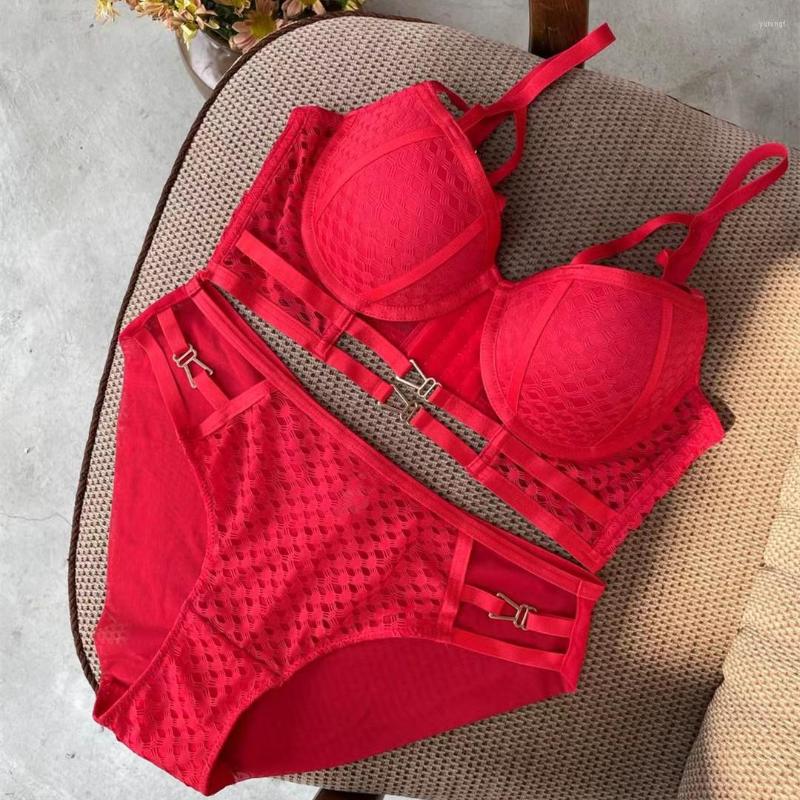 

Bras Sets Classic Contrast Color Adjustable Underwear Gathering Sexy Hollow Top Support Anti-sagging Bra Set 3PCS Lingerie Panty, Black