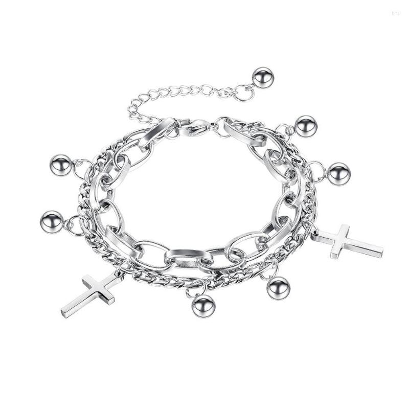 

Link Bracelets Charm Bracelet For Women Men Stainless Steel Beads Cross Double Layered Chain Vintage Unisex Jewelry