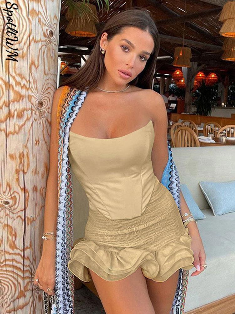 

Two Piece Dress Female Sexy Ruffle Skirt Set Sleeveless Strapless Off Shoulder Top Mini Women Suit Summer Lady Party Outfit 230512, Khaki