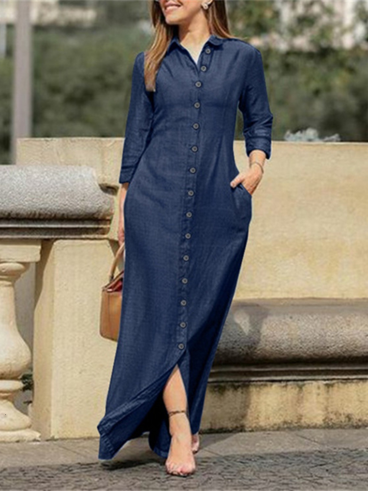 Robes décontractées dames en jean robe chemise collier bouton long jupe lâche manche droite jupe droite décontractée jupe de mode tempérament 230