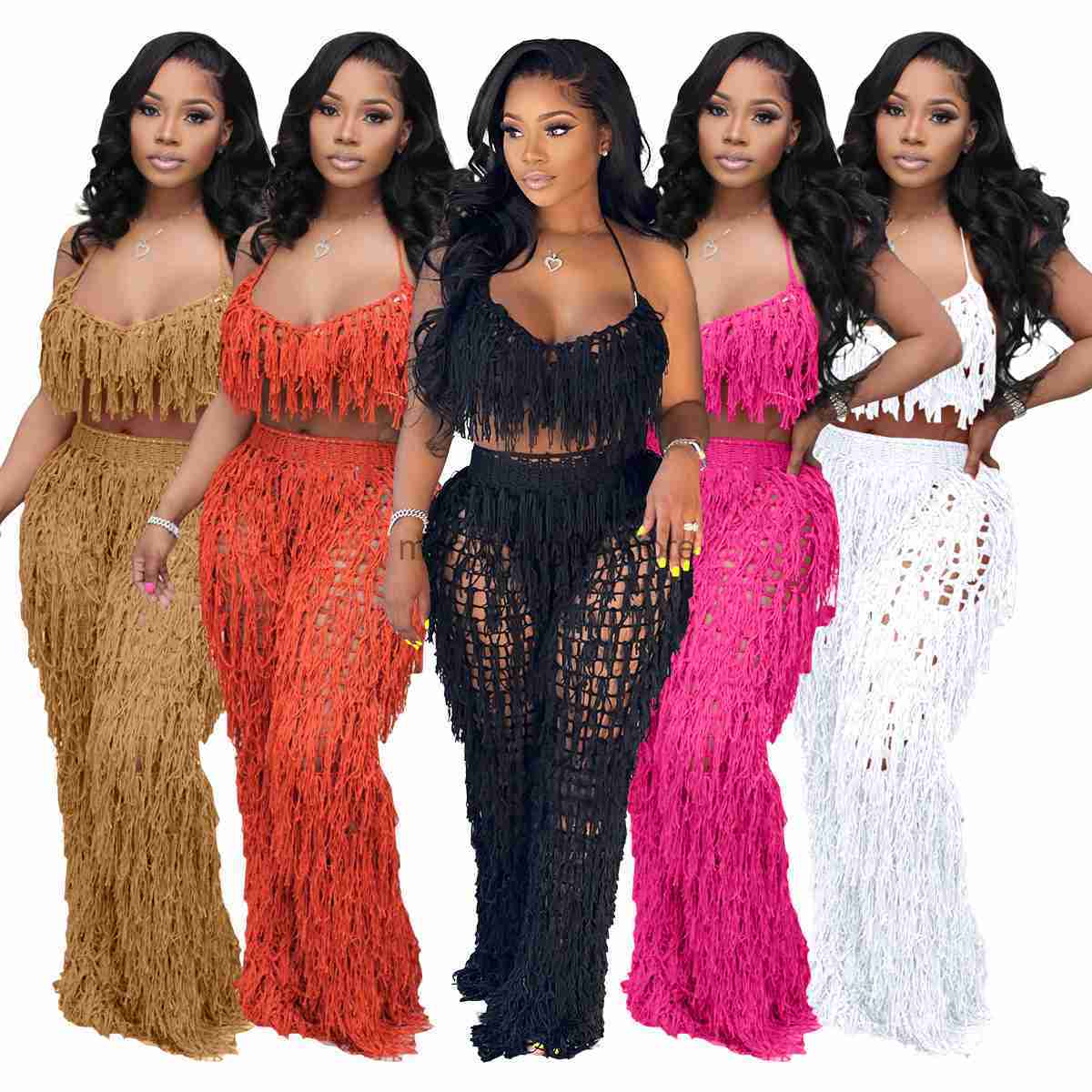 Women's Two Piece Pants Knit Rib Tassel 2 Piece Set Summer Beach Wear Sexy Fishnet Halter Lace Up Crop Top + Pants See Through Tracksuit Women
