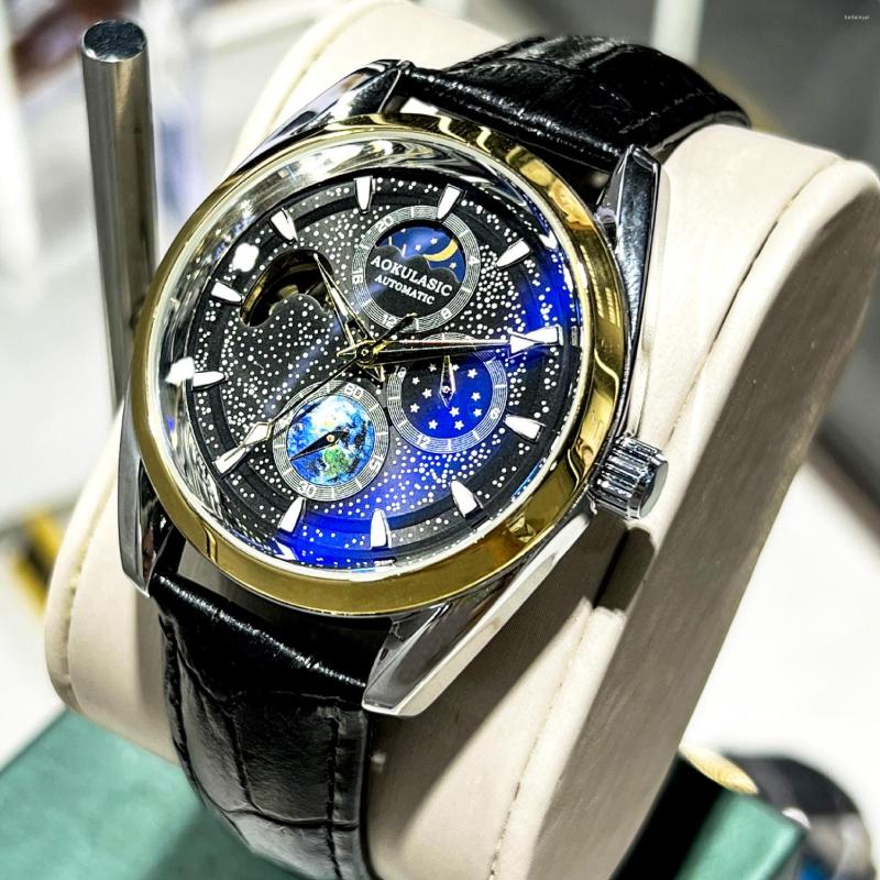 

Wristwatches AOKULASIC Brand Man Tourbillon Watches Automatic Mechanical Watch Mens Luxury Waterproof Wristwatch Luminous Moon Phase Clocks, Leather silver blue