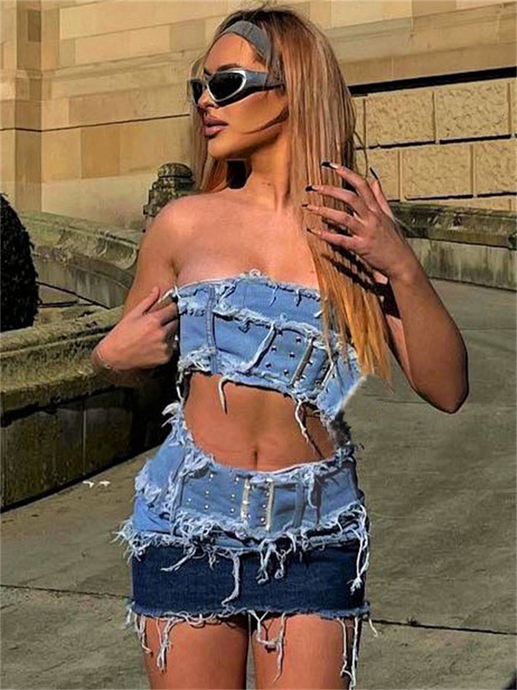 

Two Piece Dress TARUXY Denim Y2k Skirt Sets For Women Strapless Tube Top Corset Set 2 Outfits High Street Two Jeans 230512