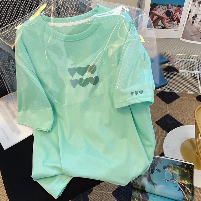 

Women's T Shirts Heart Printed Shirt For Women Summer Crew Neck Loose Cotton Basic Tee Female Simple Casual Tops Pink, Green