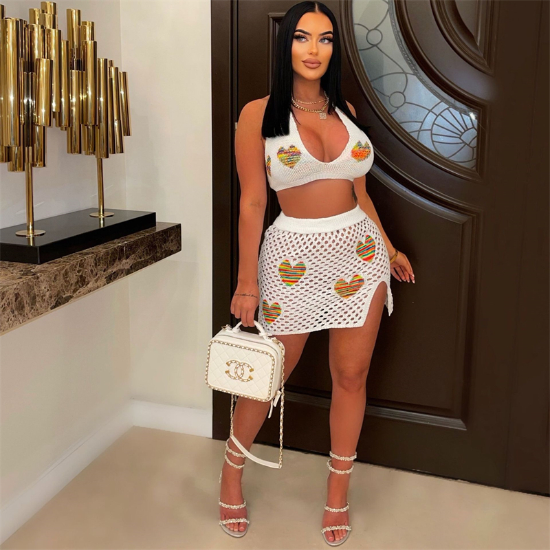 

Two Piece Dress Rainbow Love Heart Jacquard Knitted 2 Sets Women Hollow Out Summer Holiday Beach Suits Lace Up Halter Bra Top Mini Skirts 230512, Camel
