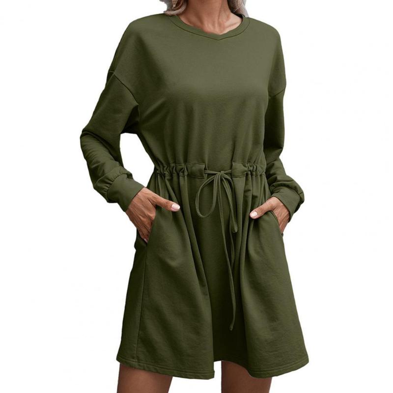 

Casual Dresses Autumn Women Elegant Party Dress Long Sleeve O-neck Lace Up Solid Mini Dresse Female Fashion Belt Pocket Streetwear, Army green