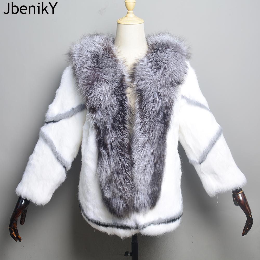 

Fur Real Natural Women's Rabbit Fur Coat Fox Fur Collar Large Size Rabbit Skin Women Winter Coats Black Woman's Casual Autumn Coat, White