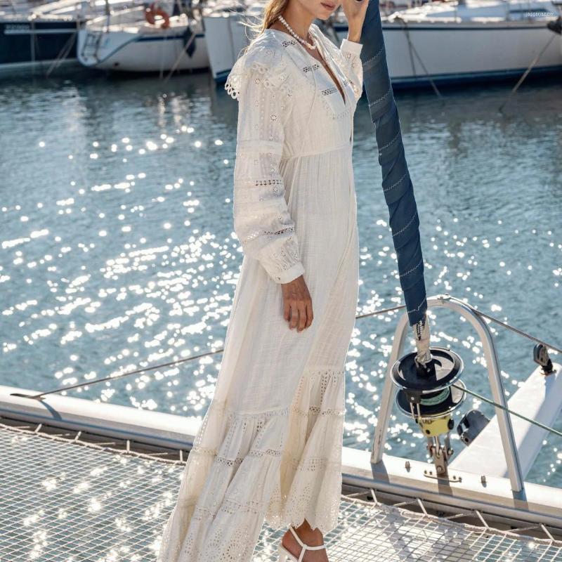 

Casual Dresses Women Bohemian Style Hollow Out Embroidery Wrapped Waist Big Swing Maxi Long Dress, Black