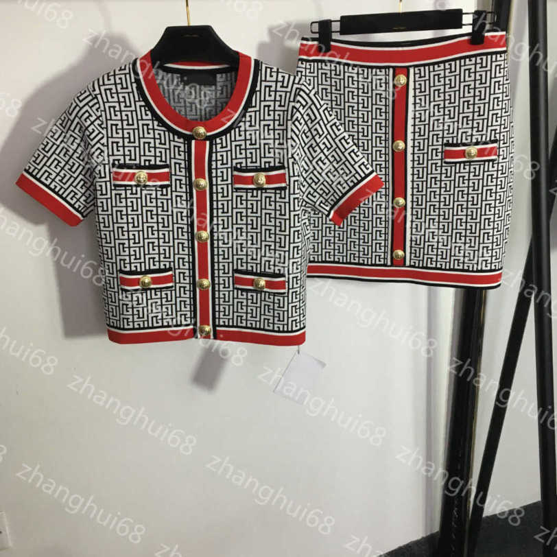 

23ss skirt set womens designer clothing Maze jacquard single breasted short sleeve knitted top package hip high waist short half skirt sets womens clothing a1