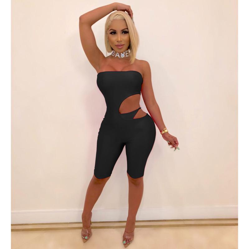 

Women's Jumpsuits & Rompers AHVIT Style Solid Color Sexy Sleeveless Strapless Women Playsuits Hollow Out Skinny Fashion Nightclub Romper WLD, Red