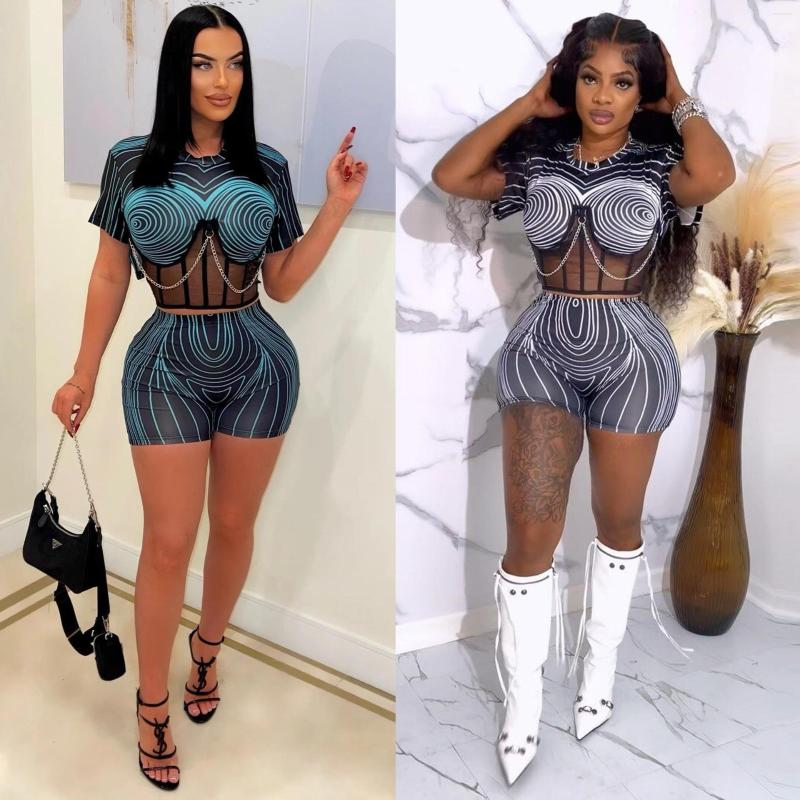 

Women's Tracksuits Plus Size Sexy Mesh Club Wear 2 Piece Pants Sets Women Outfits 2023 Summer Y2K Streetwear Chain Clothes Striped Shorts, Black