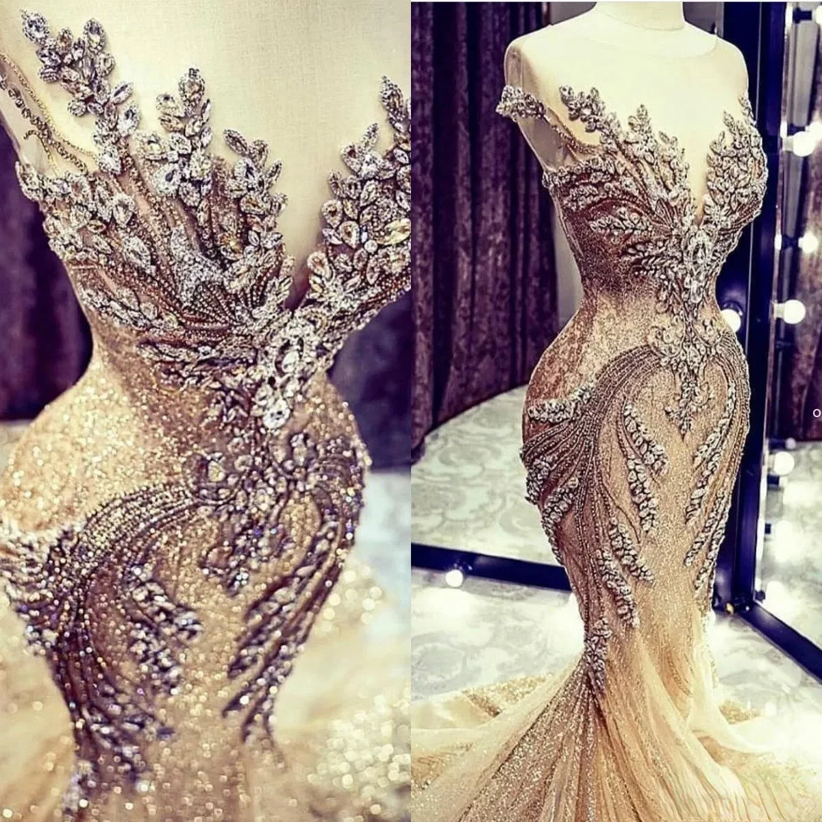 

Luxury Gold Evening Dresses Lace Crystal Beads Sequin Sweep Train Formal Bridal Pageant Prom Gowns Custom Made 2023, Green