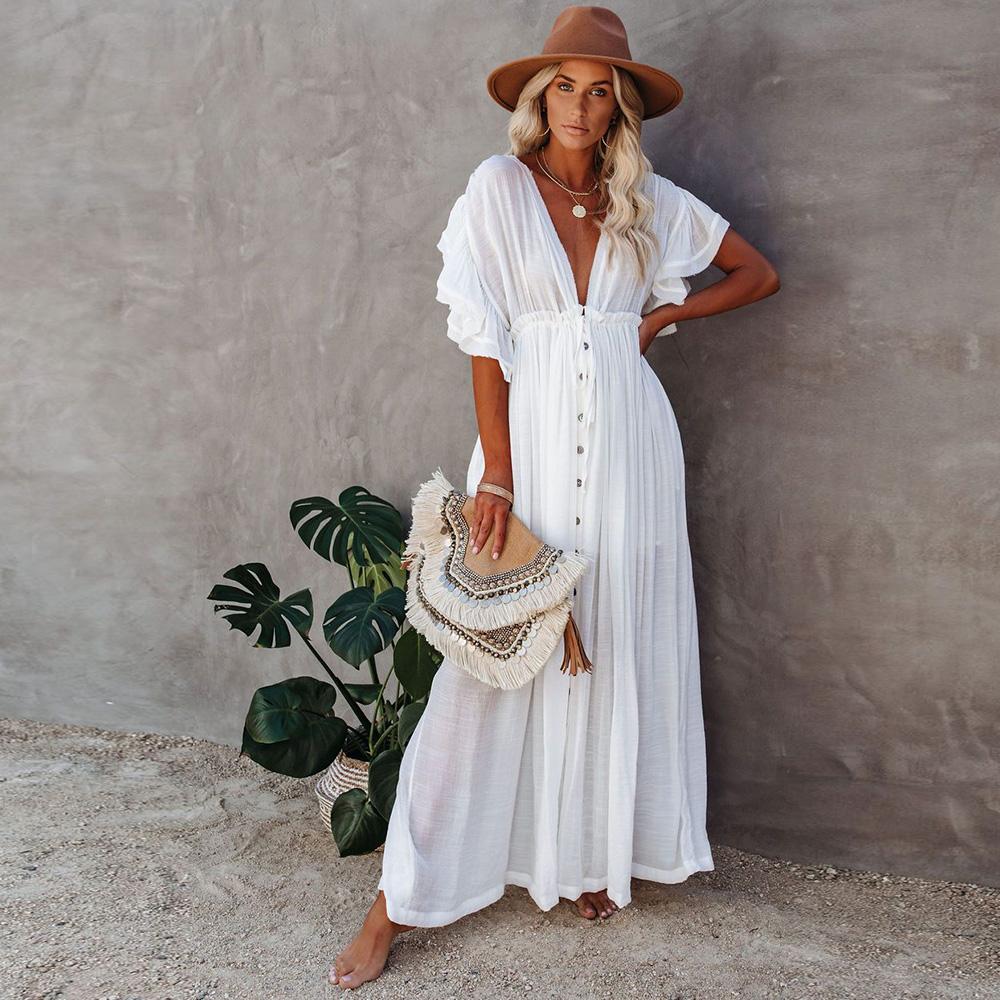 

Swimwear Women Swimsuit Cover Ups Mandarin Sleeve Kaftan Beach Tunic Dress Robe De Plage Solid White Pareo Beach Coverups, Lxf20097g2