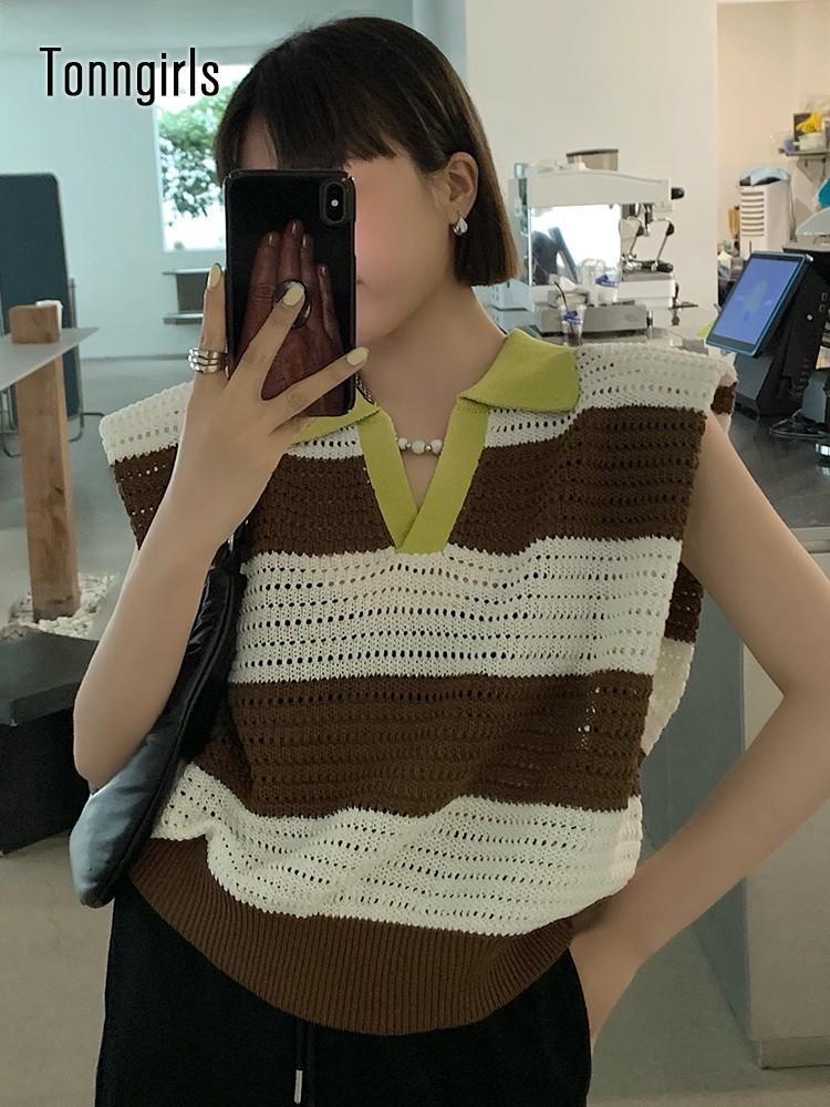 

Tanks Tonngirls Patchwork Knitted Striped Tank Top Sleeveless Summer Top Korean Fashion 2022 New Harajuku Streetwear Tanktop Casual, As photo