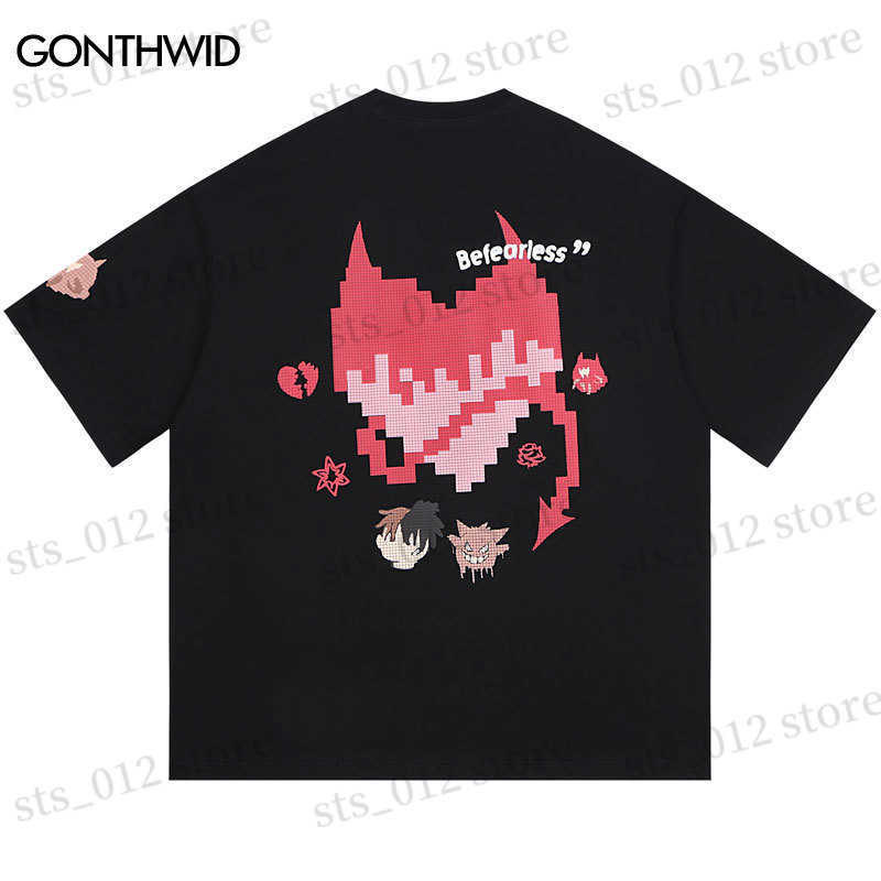 

Men's T-Shirts Hip Hop Tshirt Streetwear Harajuku Devil Heart Cartoon Graphic Print Punk Gothic Oversized Tee Shirts 2023 Fashion Summer Tops T230512, Black