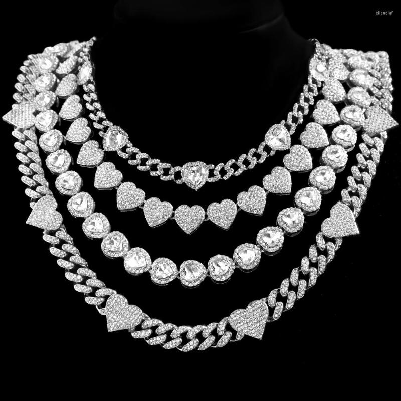 

Chains Iced Out Hip Hop Heart Cuban Link Chain For Women Micro Rhinestone Paved Choker Necklace Set Fashion Jewelry High Quality