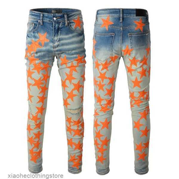 

Guys Slim Mens Rip Jeans For Fit Skinny Man Pants Orange Star Patches Wearing Biker Denim Stretch Cult Stretch Motorcycle Trendy Long Straight Hip Hop With Hole B 1B0K, 824