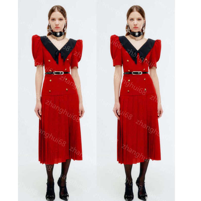 

23ss summer Dress womens designer clothing women dresses lapel retraction waist slimming large swing bubble sleeve wave dot belt dress long skirt womens clothing a1