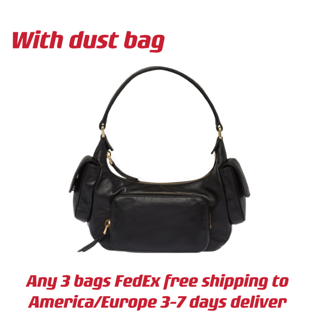 

Lady Nappa Leather Pocket Bag The Multiple Pockets Border Between Function and Decoration With Leather Handle and Embossed Lettering Logo Woman Designer Hobo Bags, Black