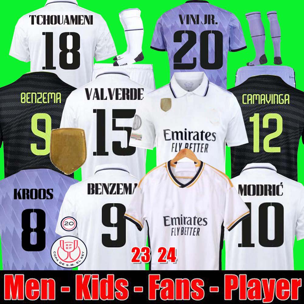 

2023 BENZEMA Finals soccer jerseys 22 23 24 football shirt Real Madrids CAMAVINGA ALABA MODRIC VALVERDE Fourth camiseta men and kids uniforms VINI JR FANS player, Adult home ucl