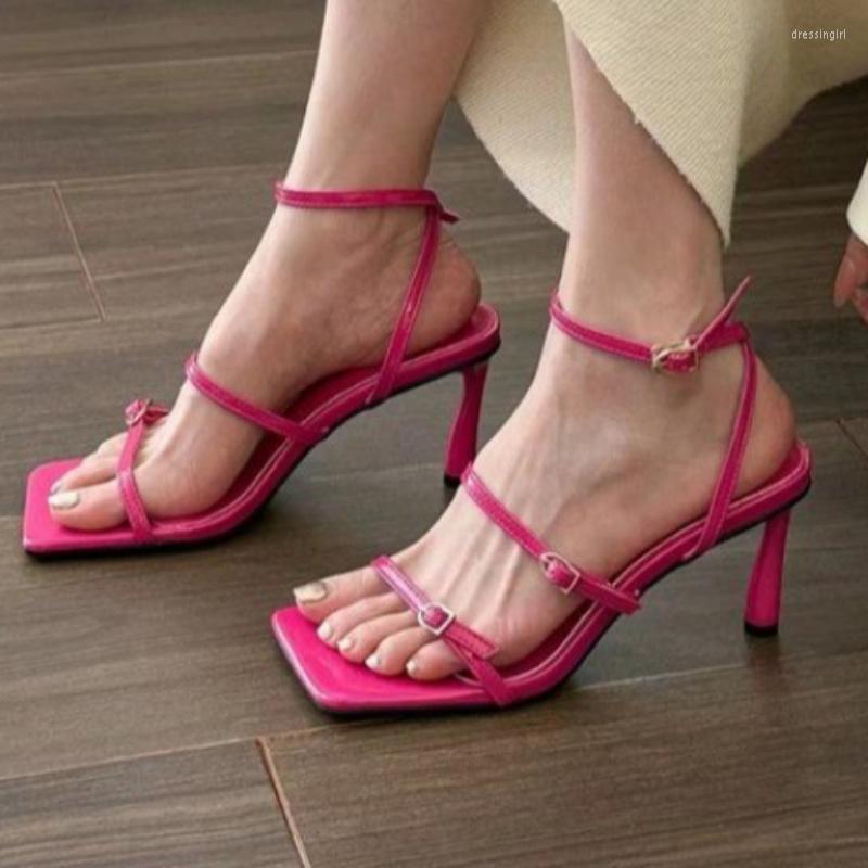 

Sandals 2023 Summer Women Thin High Heel Square Toe Ladies Buckle Strap Sexy Dress Pumps For Luxury, 9116-rose red