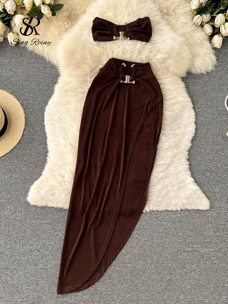 

Two Piece Dress SINGREINY Irregular Women Summer Sets Party Slim Solid Elastic Waist Split Elegant Ladies Romantic Sexy 230512, Apricot