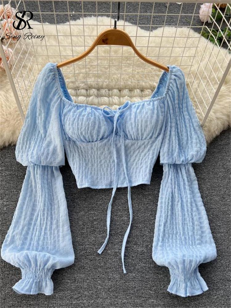 

T-Shirt SINGREINY Autumn Fashion Sweet Short Blouse French Style Square Collar Puff Sleeve Lace Up 2022 Women Streetwear OL Autumn Top, White