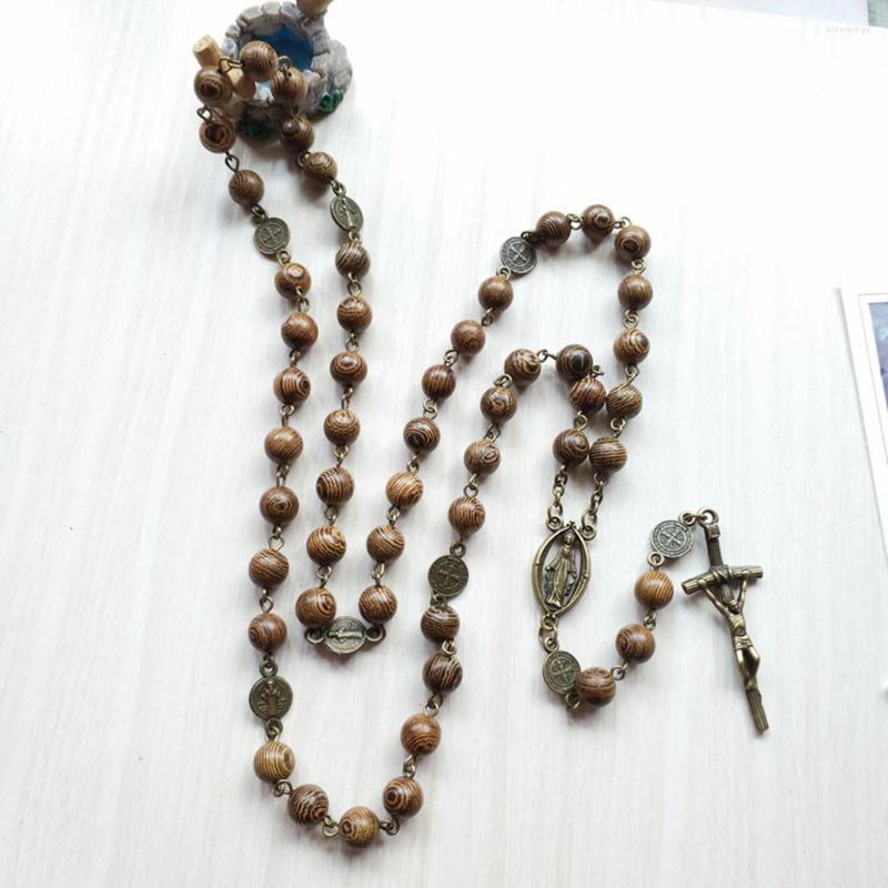 

Pendant Necklaces CottvoWooden Prayer Beads Chain Rosary Necklace Bronze Color Crucifix Cross St Benedict Our Lady Medal Chaplet Jewelry